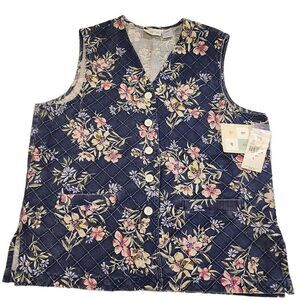 Susan Bristol Women's Summer Blues Linen Floral Sleeveless Vest Large Smokey Blu